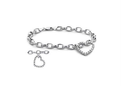 Silver Plated CZ Studded Womens Heart Charm Bracelet